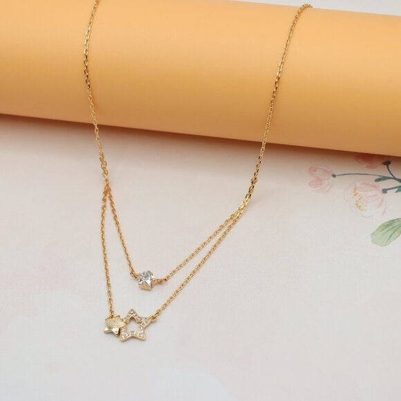 "Double-Layered Rose Gold Necklace with Sparkling Star Charms, XPNL0152 - Picture 9 of 12